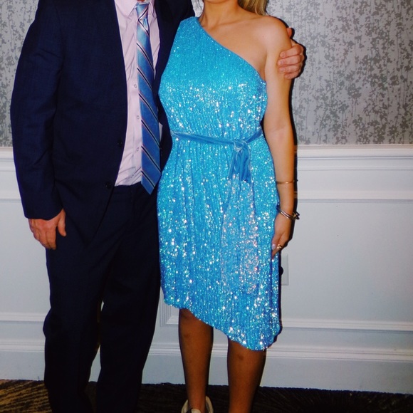 Retrofete Shy Blue One Shoulder Sequin Midi Dress - Picture 3 of 3